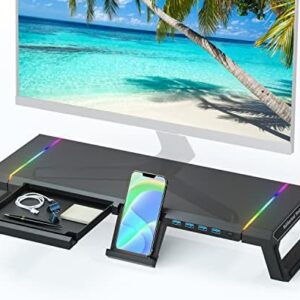ICE COOREL Adjustable Monitor Stand | Computer Riser with RGB Light, 4 USB Ports & Storage Drawer