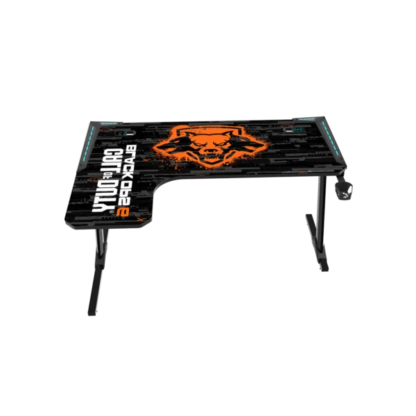 Call Of Duty BLKOPS6-RAPTOR-L RGB Flowing Light Gaming Desk – Full Table Mouse Pad, Wireless Charger, USB Splitter, Headphone Hook, Cup Holder