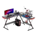 GAMEON L-Shaped Slayer I Series Gaming Desk – Black, 129×129×74cm, Headset Hook, Cup Holder & Accessories Stand