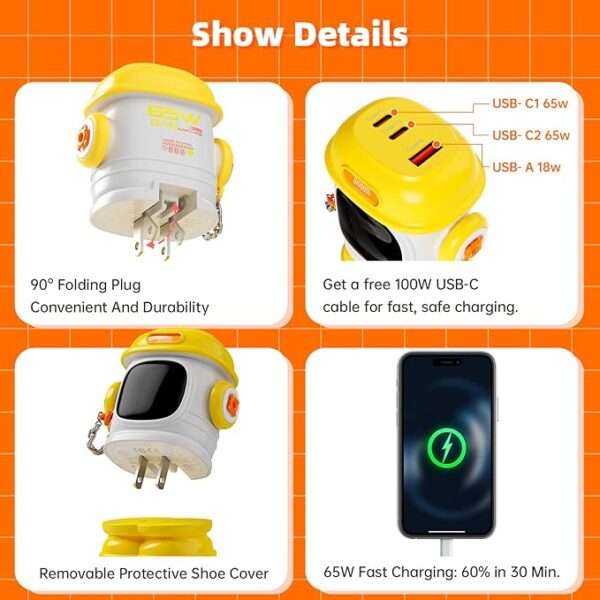 Divoom Dipow 65W GaN Multi-Port Fast Charger - Yellow - Image 3