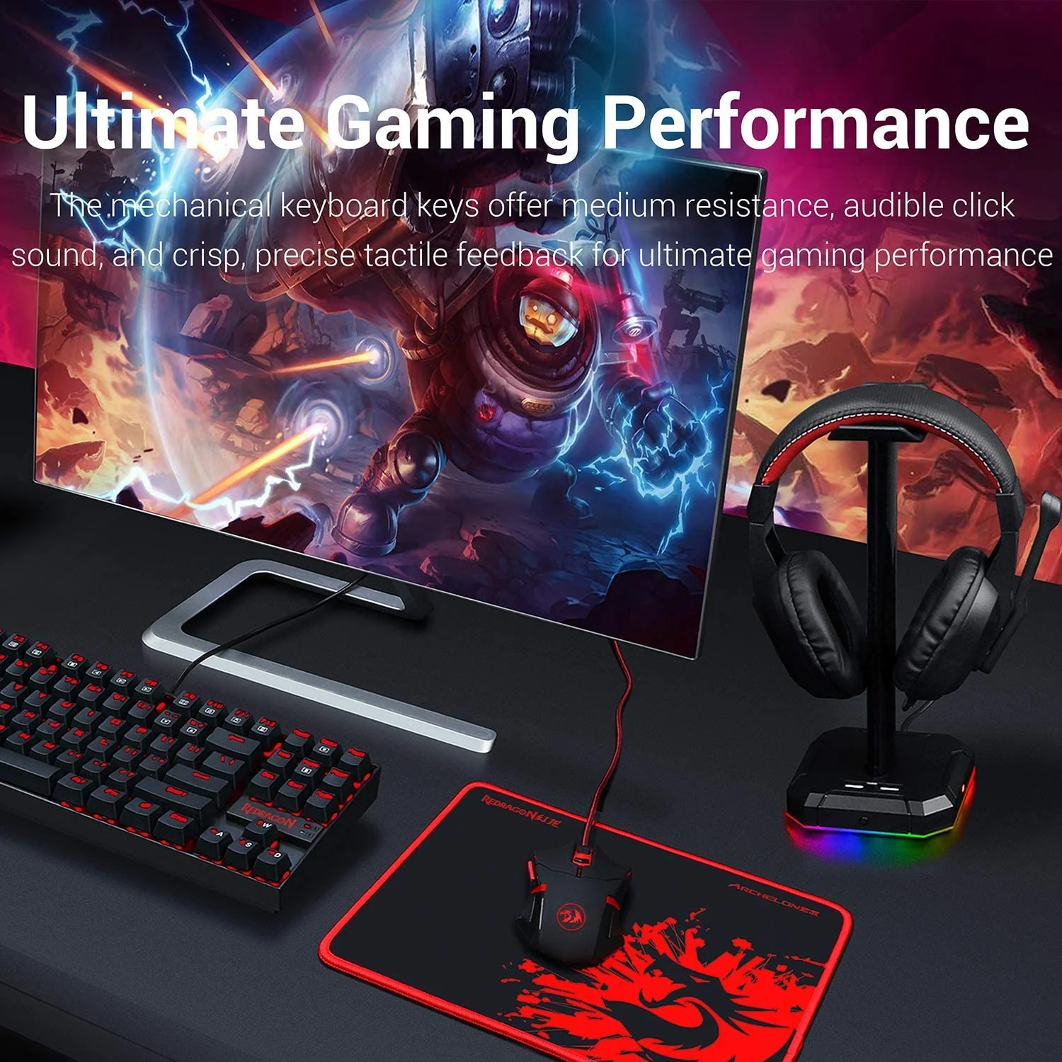 Redragon 4-in-1 Gaming Combo – K552-2 Mechanical Keyboard, M601 Mouse, H120 Headset, P001 Mouse Pad with Adapter - Image 3