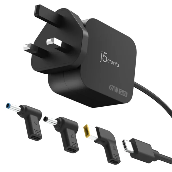 67W GaN PD USB-C® Mini Charger – Multi-Device Charging with 3 DC Connectors (UK Plug)