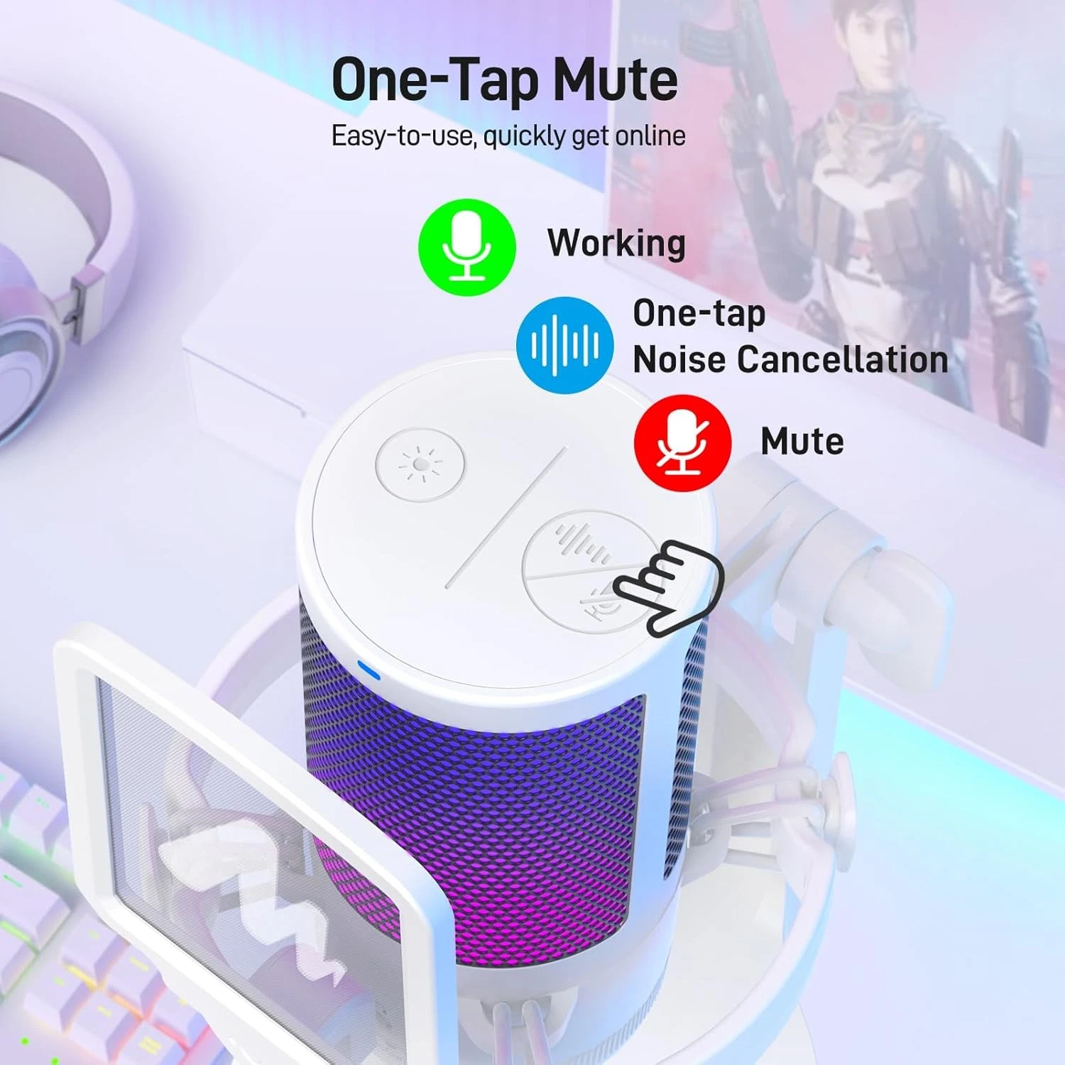 MAONO DM20 GamerWave USB Condenser Gaming Microphone | RGB Lighting | White - Image 4