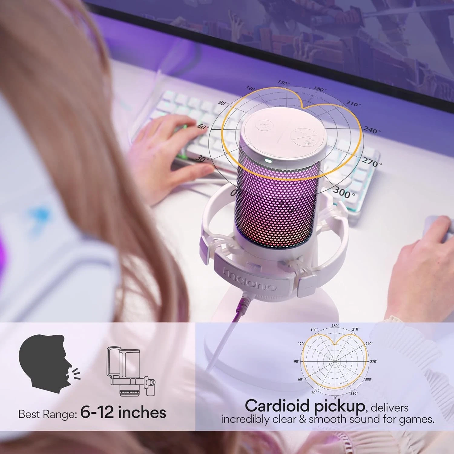 MAONO DM20 GamerWave USB Condenser Gaming Microphone | RGB Lighting | White - Image 2