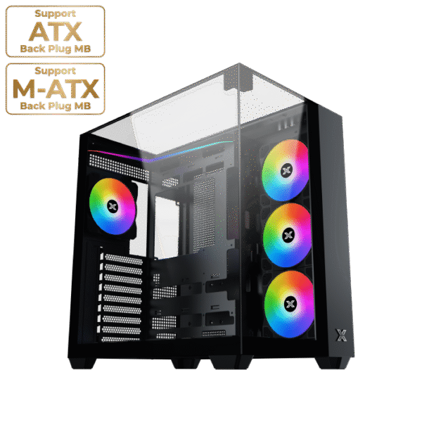 Xigmatek Aqua V Black ATX Case | 3x Tempered Glass, 7x ARGB Fans & Remote Control Kit